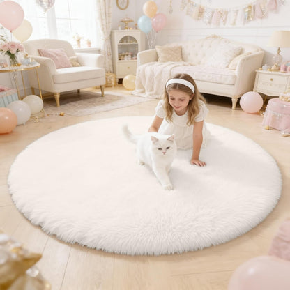 OLANLY Ivory Round Rug - Soft, Fluffy Shaggy Carpet | Machine Washable, 4 ft Circle for Bedroom & Living Room