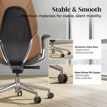 OMIDI Nyla Executive Office Chair - Genuine Leather Ergonomic High-Back Desk Chair with Adjustable Lumbar Support, Tilt Lock, Executive, Home Office, Gray, Litchi Grain