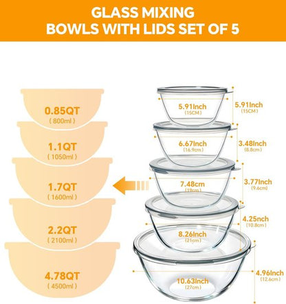 Glass Mixing Bowls Set by [Brand Name] - 5-Piece Thick Glass Nesting Bowls with Lids | Safe for Dishwasher, Microwave & Freezer