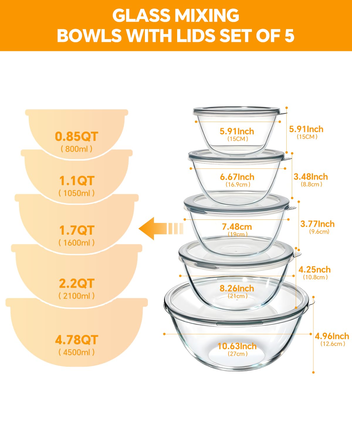 Glass Mixing Bowls with Lids Set of 5(4.78QT,2.2QT,1.7QT,1.1QT,0.85QT),Thick Glass Nesting Bowls for Kitchen Baking,Cooking Prep,Storage,Serving,Large Salad Bowls,Dishwasher Microwave Freezer Safe