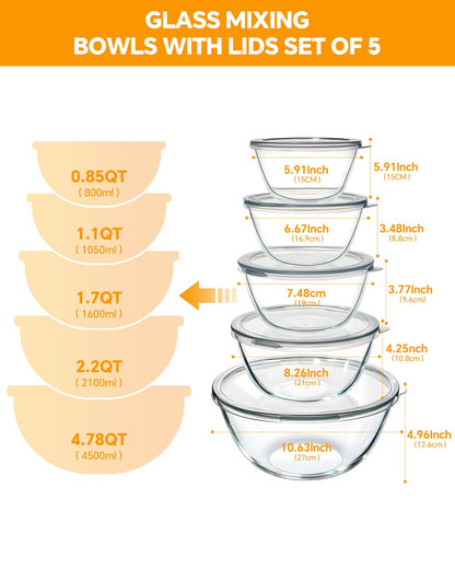 Glass Mixing Bowls with Lids Set of 5(4.78QT,2.2QT,1.7QT,1.1QT,0.85QT),Thick Glass Nesting Bowls for Kitchen Baking,Cooking Prep,Storage,Serving,Large Salad Bowls,Dishwasher Microwave Freezer Safe