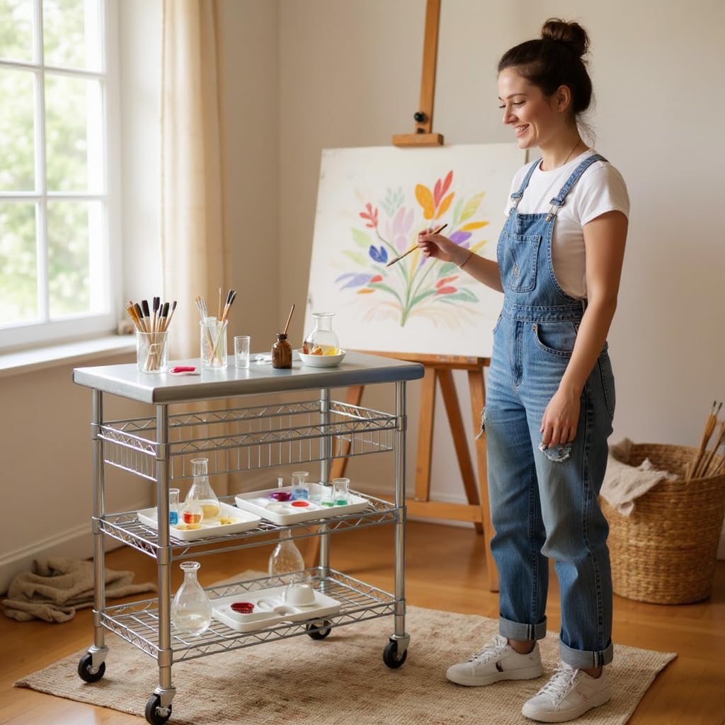 Heavy-Duty Stainless Steel Utility Cart with Shelves and Wheels, Multi-Purpose Storage Organizer for Kitchen, Garage, Office，Wire Basket，NSF Certified (3-Tier)