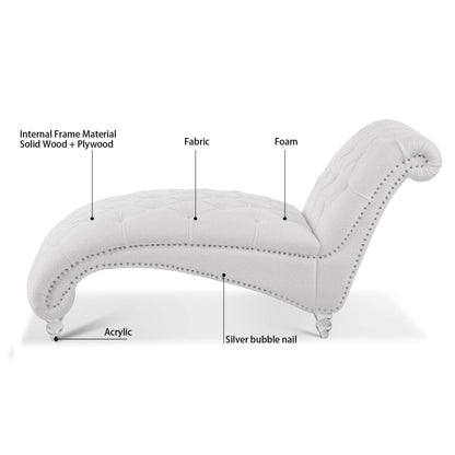 KEIKI Tufted Armless Chaise Lounge Chair, Velvet Lounge Chair with Solid Wood Leg, Upholstered Chaise for Living Room Bedroom Small Space Office Study, White