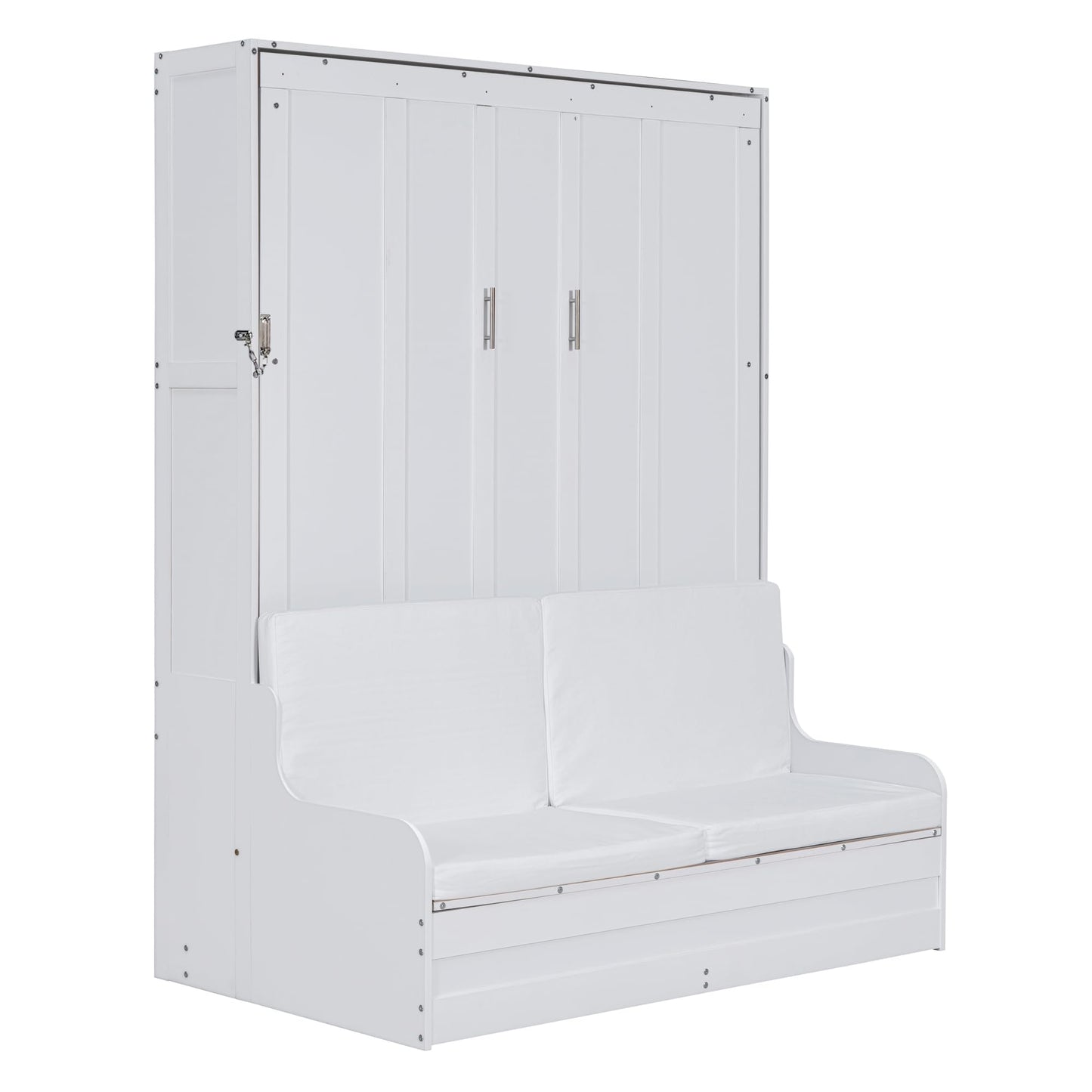 Merax Queen Size Murphy Bed Frame, Modern Wall Bed Can Be Folded into Cabinet, Chair with Cushion, White