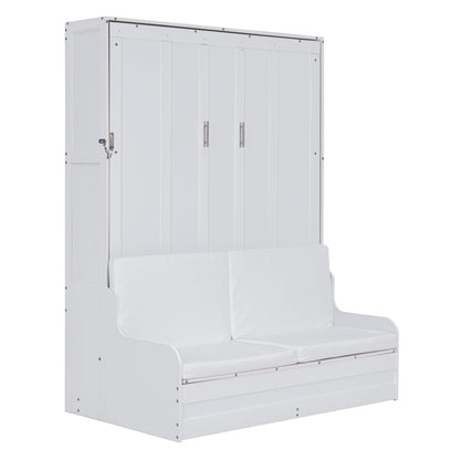 Merax Queen Size Murphy Bed Frame, Modern Wall Bed Can Be Folded into Cabinet, Chair with Cushion, White
