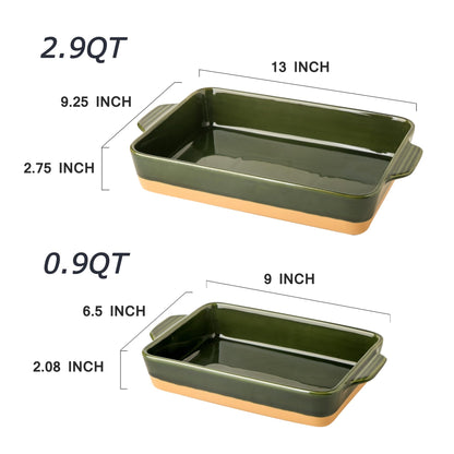 Howise Ceramic Baking Casserole Dish with Handles, Large 9x13 inch Pan and Middle Baking Pan - Porcelain Serving Bakeware Set (Forest Green)
