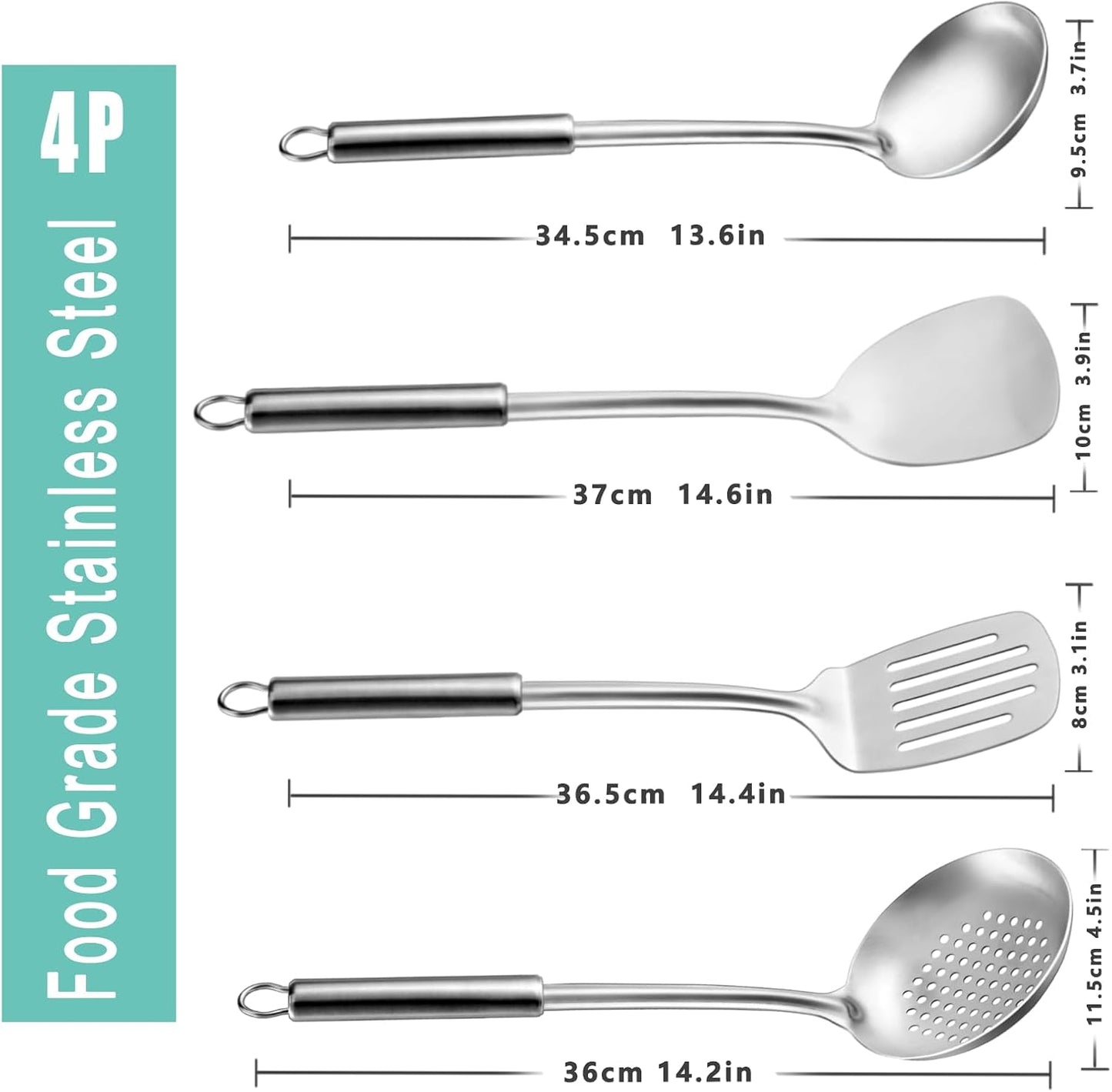 Pleafind 4-Pcs Cooking Utensils Set, Stainless Steel Kitchen Utensils for Wok, Dishwasher Safe