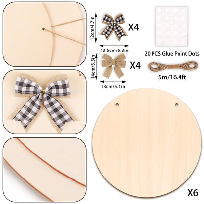 DIYDEC 6 Pack Wood Circles for Crafts 14 Inch Unfinished Wood Slices Blank Wooden Door Hanger Sign Round Wood Discs with Bows Twine Glue Point for DIY Crafts Painting Christmas Home Holiday Decor