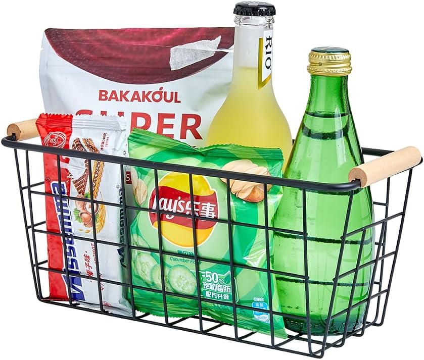 Black Metal Hanging Baskets with Handle, Wire Wall Storage Organizer with Hooks, 2-Pack Adhesive Baskets for Kitchen,