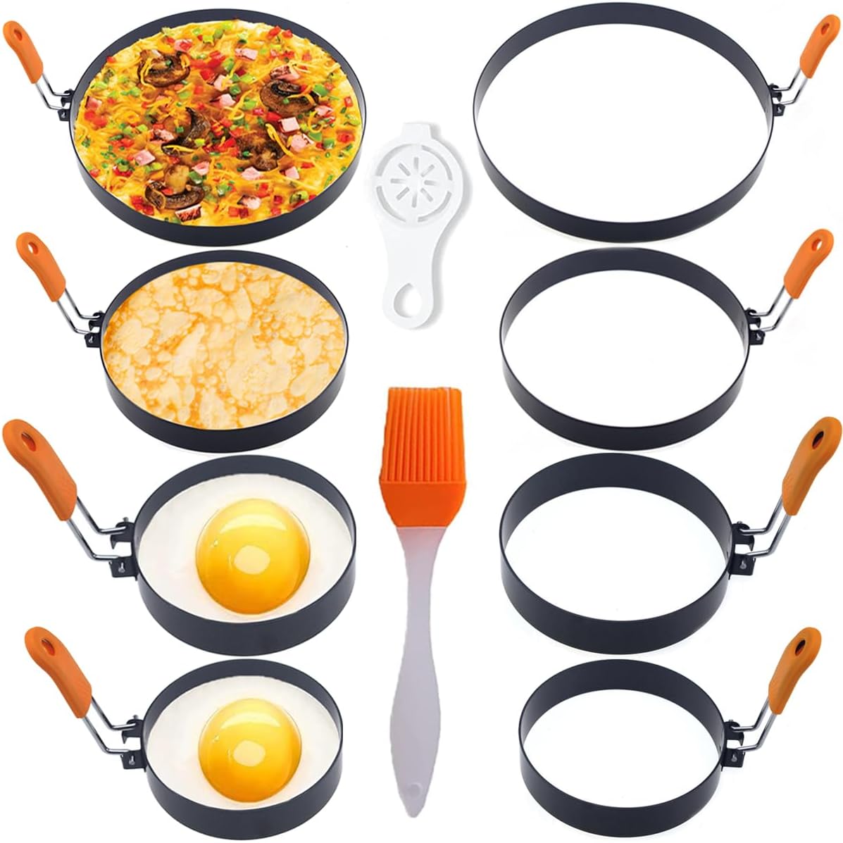 WOWITIS 8 Pack, 8" 6" 4" 3.5" Stainless Steel Egg Rings - Omelet, Pancake, & Egg Muffin Rings with Oil Brush