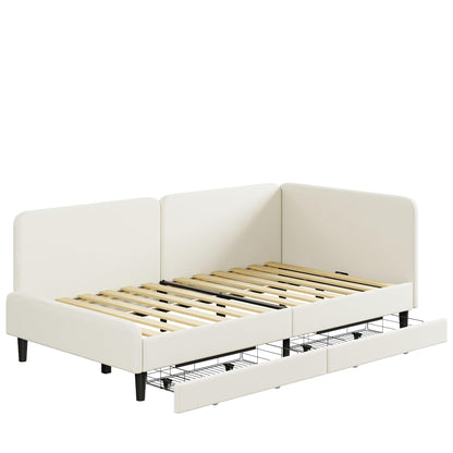 LIKIMIO Twin Daybed with Headboard, Corner Bed Frame with Bed Rails and Storage Drawers, Solid Support, for Bedroom Guest Room, Cream