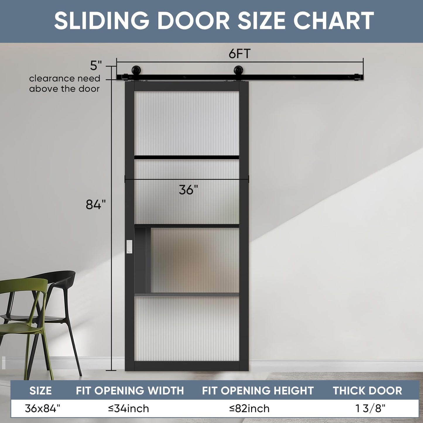 JUBEST 36"x84" Glass Barn Door, 4-Panel Reeded Safety Glass & Matt Black Painted Wood Frame Door Slab with 6FT Hardware Kits & Handles, Wear-Resistant & Scratch-Resistant, Preassembled
