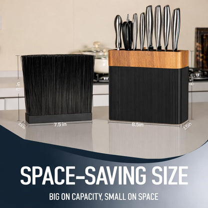 BRVSTVN Modern Universal Knife Block Without Knives – Acacia Wood Knife Holder Stand with Bristles for Easy Knife Organization & Storage for Kitchen Counter | Cutlery Display