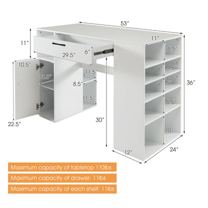 Giantex Craft Table with Storage, Artwork Sewing Table 14 Large & Small Storage Compartments, 1 Sliding Drawer, 1 Cabinet with 2 Shelves, 36'' Counter Height Drafting Writing Sewing Station Desk
