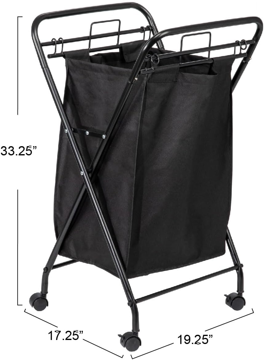 2 Household Essentials Rolling Laundry Hamper, Heavy Duty Canvas Bag, Load Capacity, Foldable Frame, Black Bag