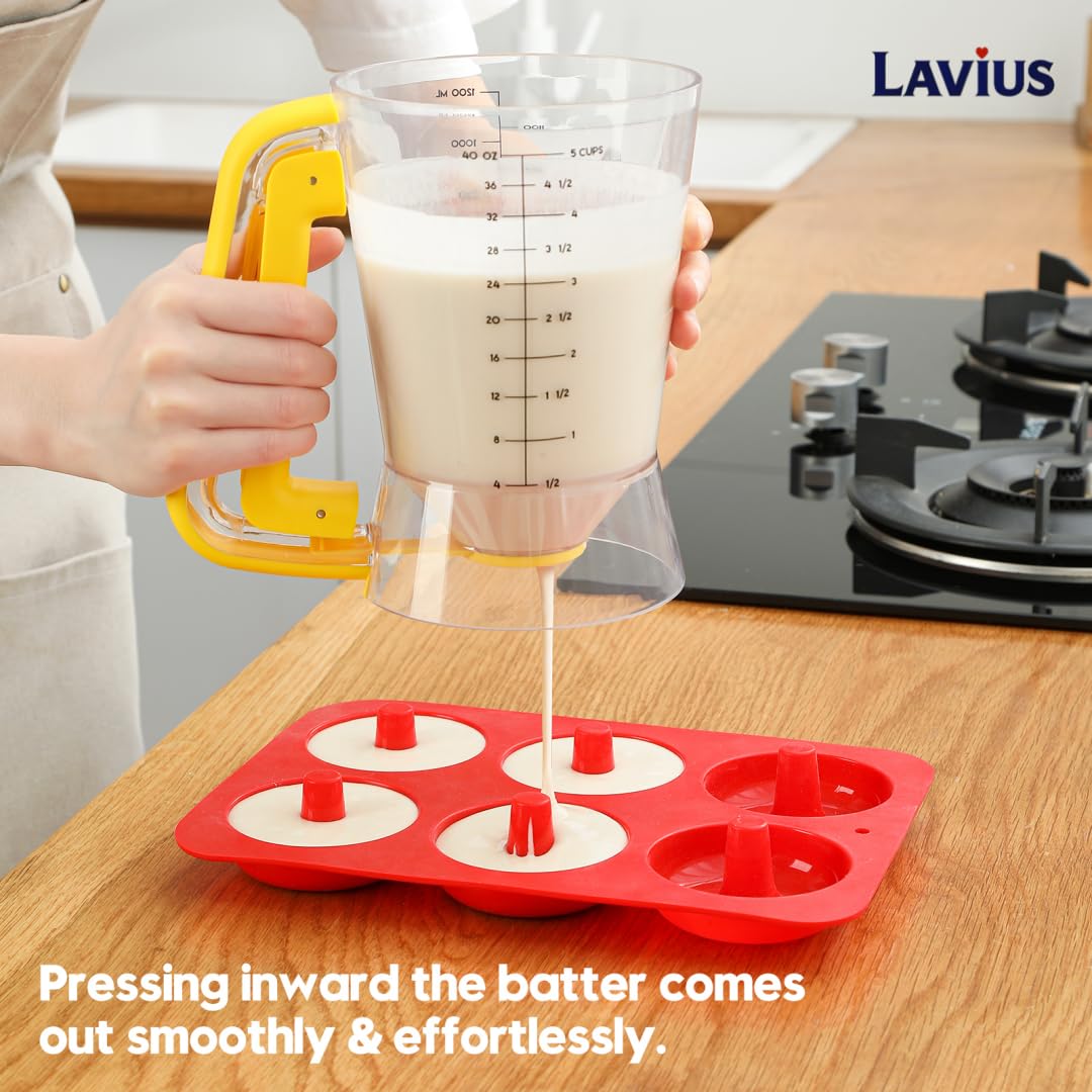 Lavius Pancake Batter Dispenser 5-Cup Batter Pourer for Maker Pancakes, Waffles, Crepes, Muffins, Cupcakes, Easy Squeeze Grip Handle with Proof Nozzle, Precise Baking Tools（Yellow）