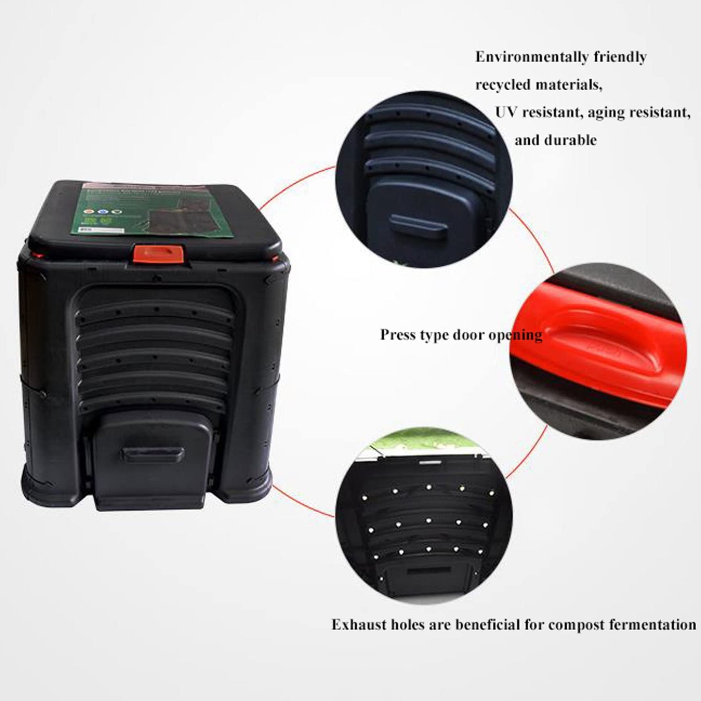 Kitchen Compost Bin, Compost Bin, 105 Gallon (400 L) Large Outdoor Composting Box with Top Flip Lid and 4 Bottom Exit Door, BPA Free Material, Grass Food Trash Can Composter Barrel for Garden Yard, Ea
