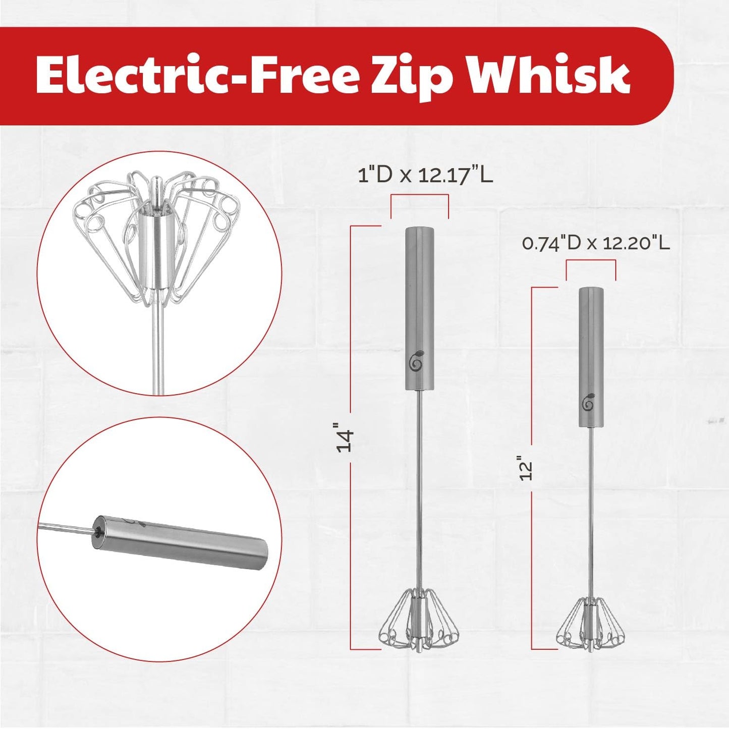 Stainless Steel Egg Beater - Easy to Use Semi-automatic Push-Down Zip Whisker - Rotary Hand Mixer for Beating Eggs, Frothing Milk, Blending, Mixing - Hand Whisk - 2 Pack (12 &14 Inch)