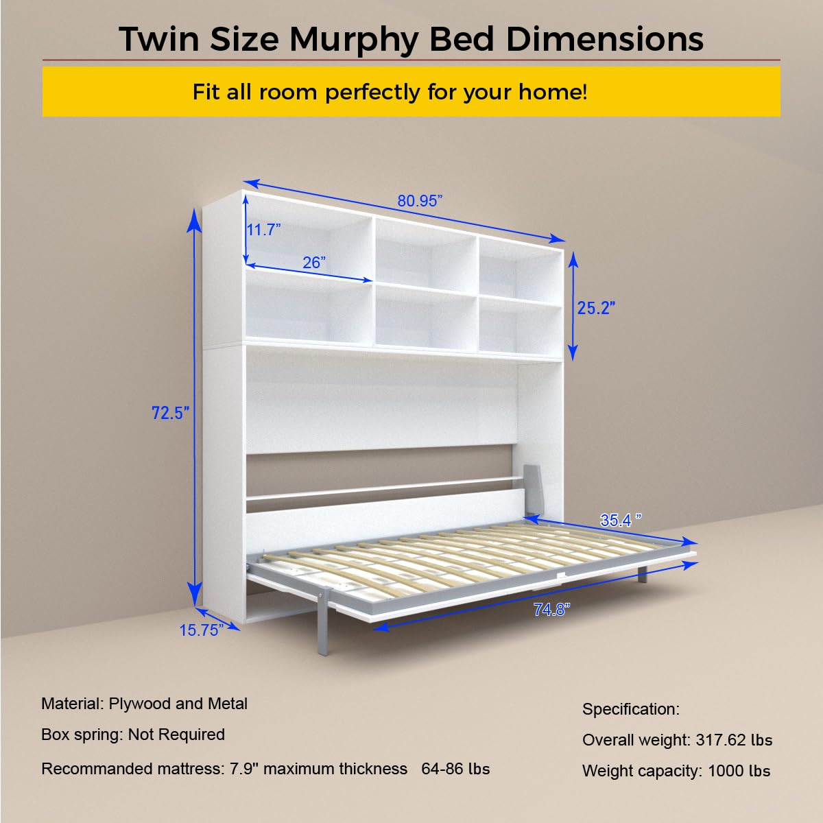 Ball & Cast Horizontal Murphy Bed Twin Size with Shelf Storage,Mordern Design Hideaway Cabinet Wall Bed w Gas Struts,Wood Folding Space-Saving Furniture for Bedroom,Student Dorms,White