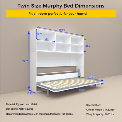 Jintop Twin Size Horizontal Murphy Bed with Double Layer Shelf Storage,Wood Wall Cabinet Hideaway Platform Bedframe W Gas Struts,for Bedroom or Guestroom,White