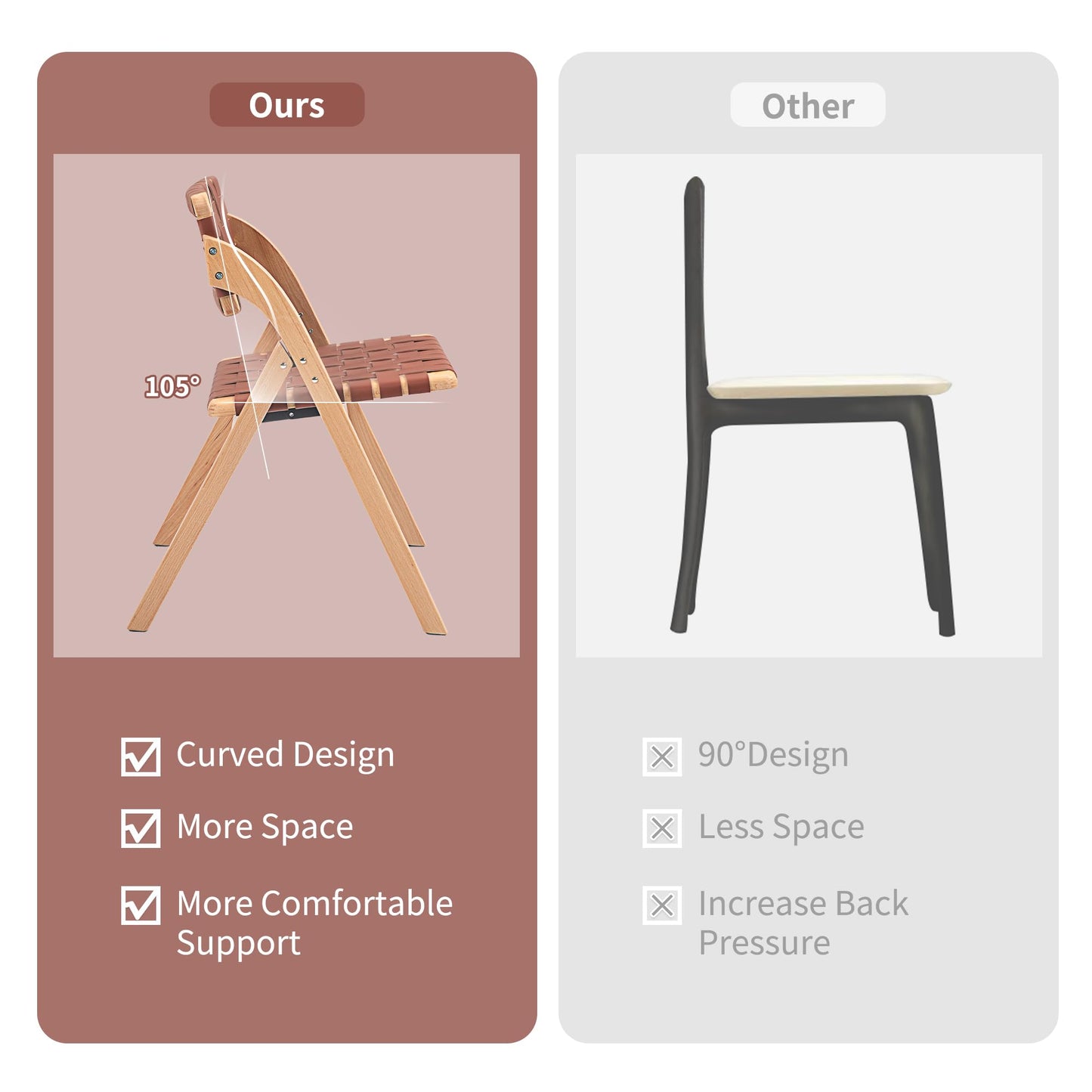 HOMEFUN Folding Dining Chairs Set of 2, Wooden Foldable Chair with Leather-Woven Backrest and Widened Seat Extra for Guests Kitchen Office Wedding Picnic Brown