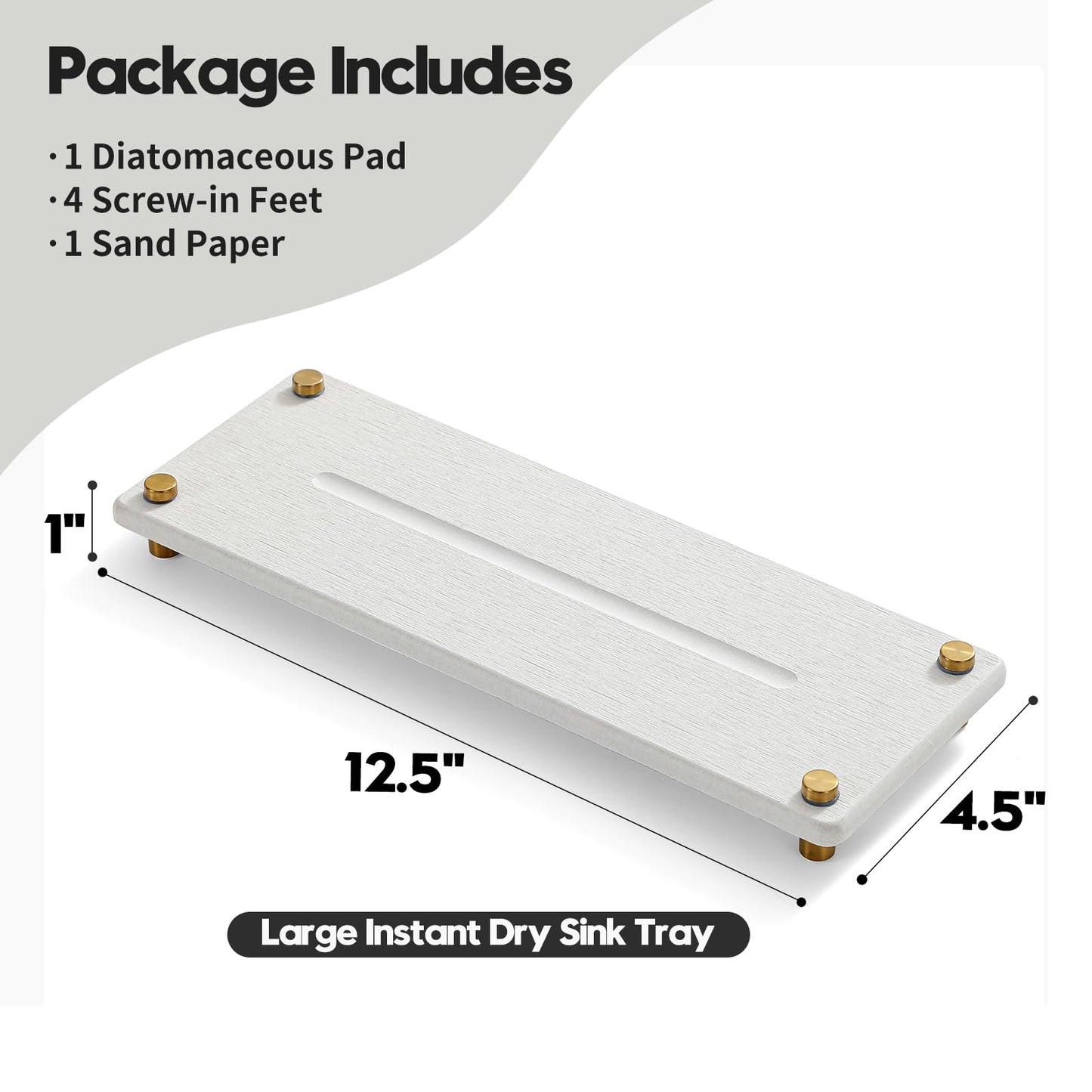 Razborci Water Absorbing Stone Sink Caddy Kitchen Sink Organizer Tray, Diatomite Bathroom Counter Tray, Gold Faucet Drying Mat Coaster Soap Dish Rack Riser Dispenser Sponge Holder, Beige 12.5" x 4.5"