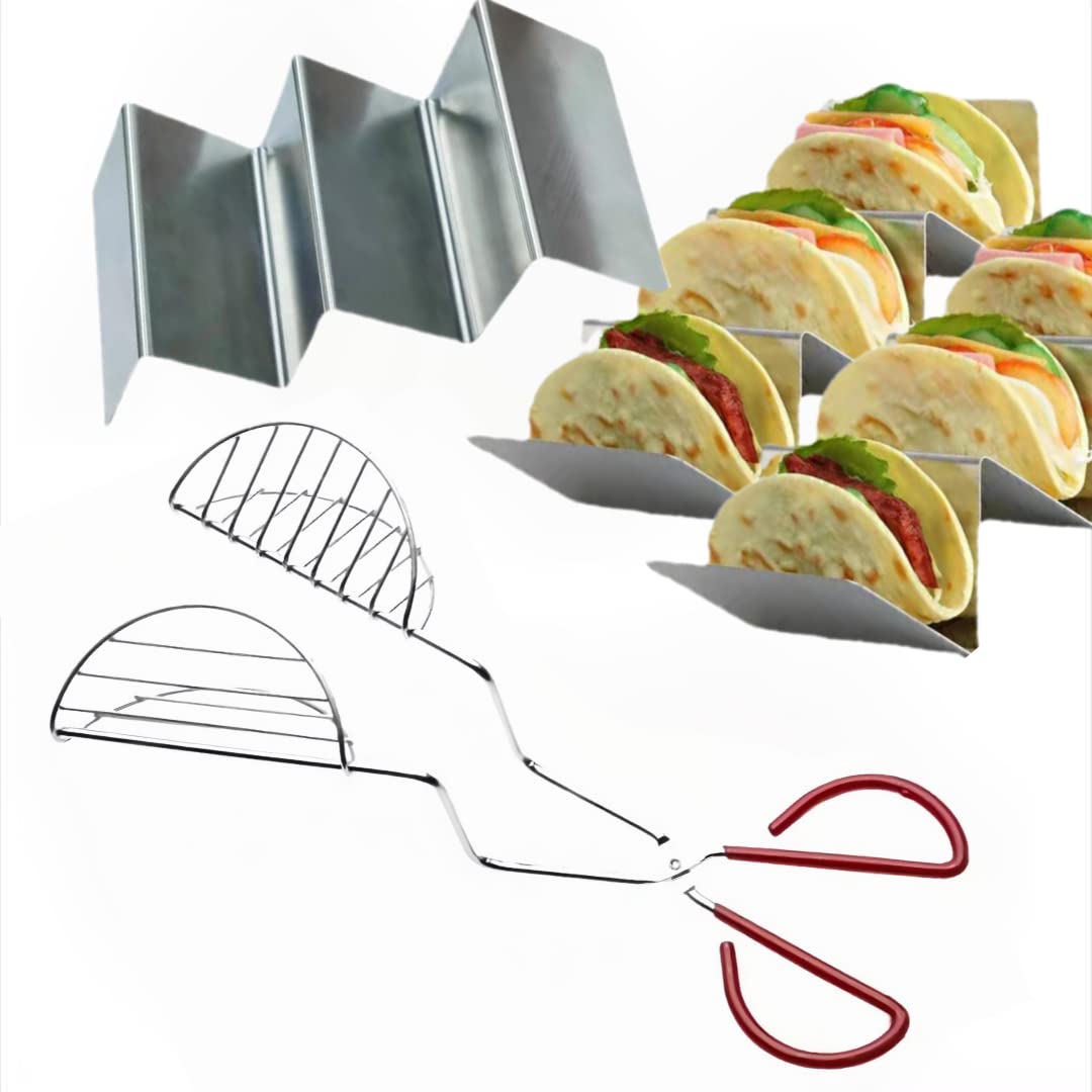 Taco Shell Maker Press Tortilla Fryer Tongs with 3pack Taco Holder Set,Make Homemade Stand-Up Taco Easy,Each Metal Taco Stands Hold 3 Tacos
