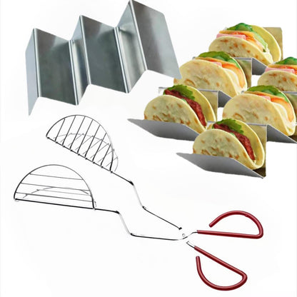 Taco Shell Maker Press Tortilla Fryer Tongs with 3pack Taco Holder Set,Make Homemade Stand-Up Taco Easy,Each Metal Taco Stands Hold 3 Tacos
