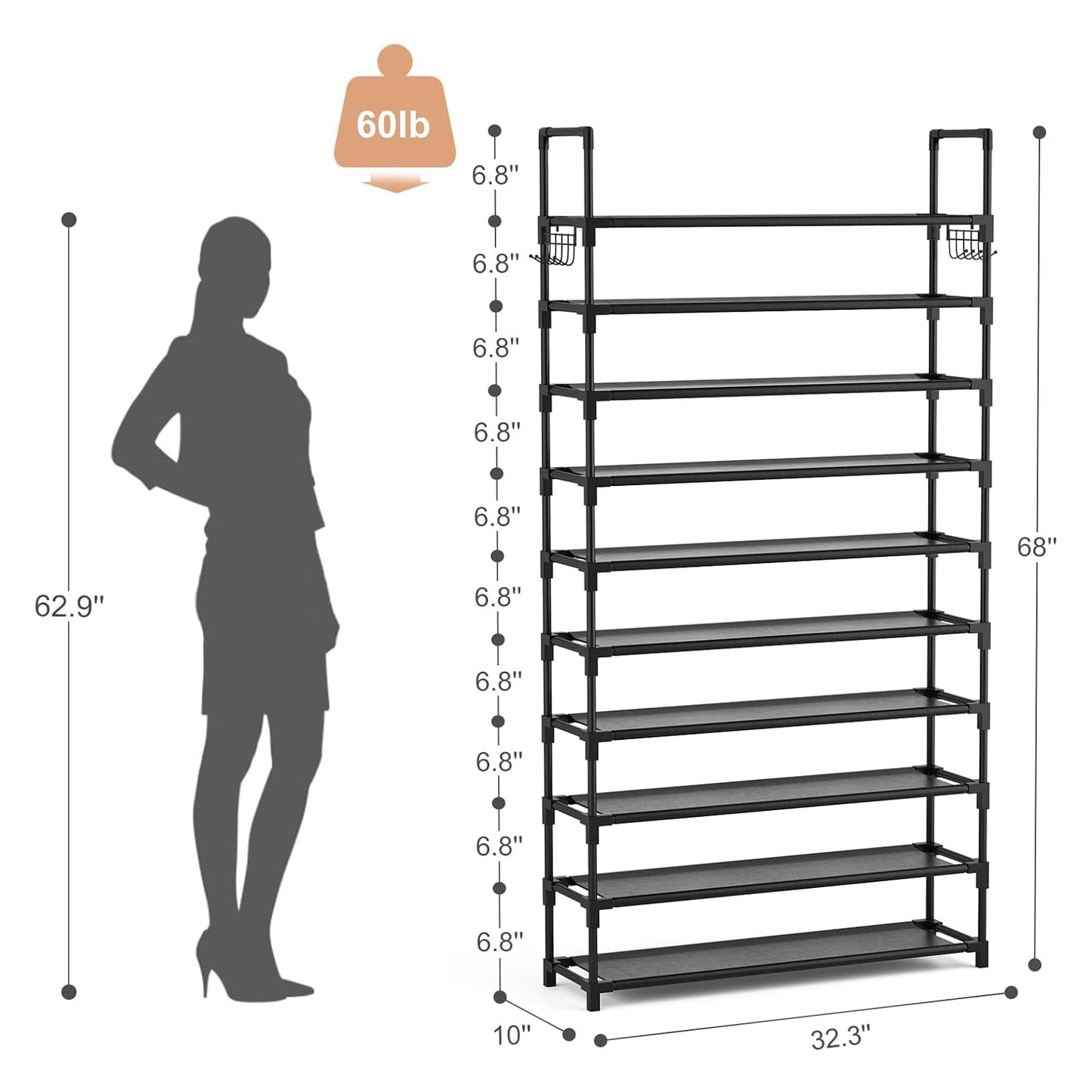 VTRIN 10 Tier Shoe Rack Tall Large Capacity Wide Shoe Organizer with Two Hooks Sturdy Metal Shoe Shelf for Entryway, Closet, Bedroom