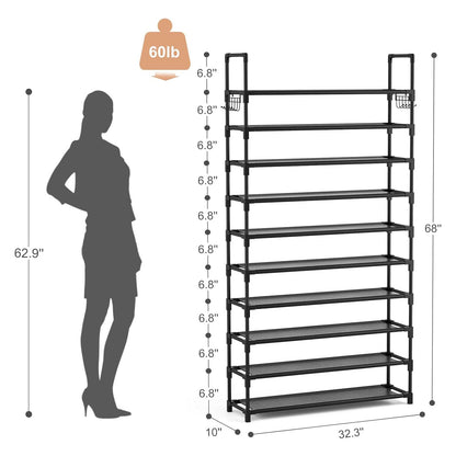 VTRIN 10 Tier Shoe Rack Tall Large Capacity Wide Shoe Organizer with Two Hooks Sturdy Metal Shoe Shelf for Entryway, Closet, Bedroom