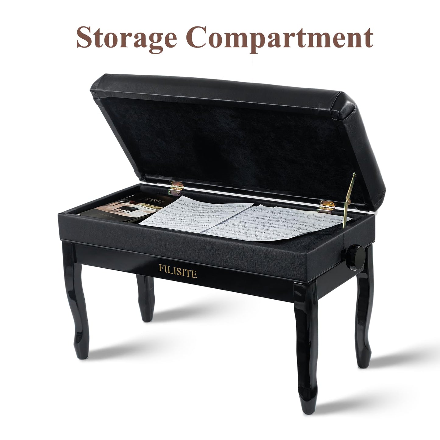 FILISITE Genuine Leather Piano Bench with Storage, Adjustable Height Keyboard Bench with High-Density Sponge Cushion,Curved Legs for Piano/Keyboard, Supports Duet Playing,Black