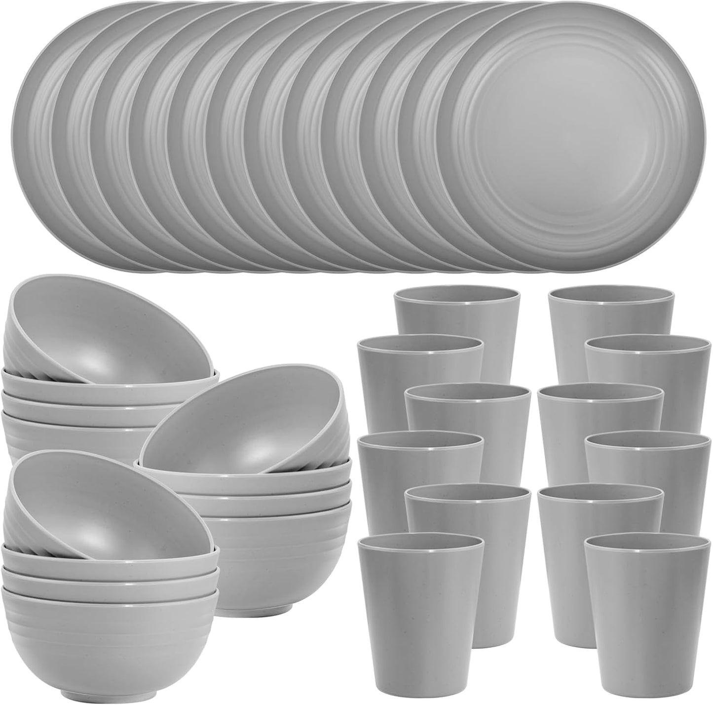 LIYH 36pcs Grey Wheat Straw Dinnerware Set - Reusable Plastic Plates and Bowls, Dishwasher Safe
