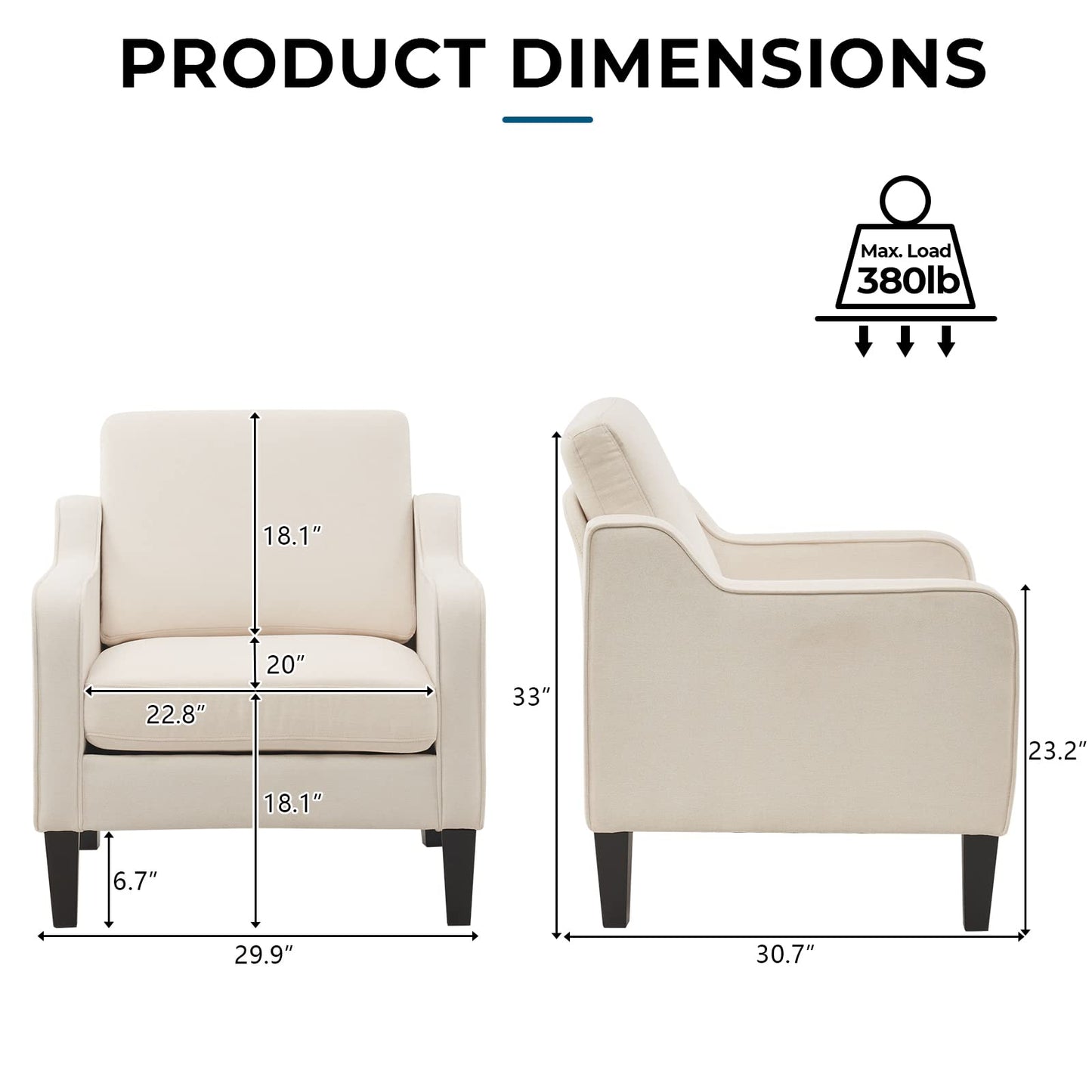VINGLI Modern Accent Chairs Set of 2, Beige Living Room Chairs Comfy Armchair for Bedroom, Upholstered Sofa Chair Reading Chair for Small Spaces, Apartment, Waiting Room