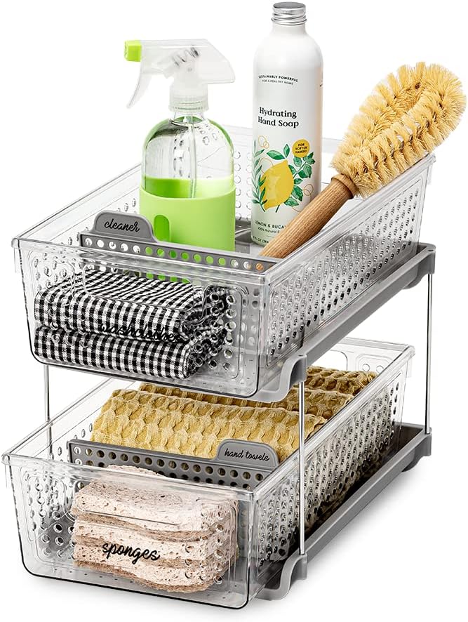 madesmart 2-Tier Multi-Purpose Slide-Out Storage Organizer with Handles and Dividers, BPA Free, Clear, Pack of 1