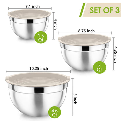 P&P CHEF Khaki Mixing Bowls with Lids, Set of 3, Stainless Steel Salad Nesting Bowl for Mixing, Storing, Prepping, Airtight & Stackable, Size 4.6/3 /1.5 QT