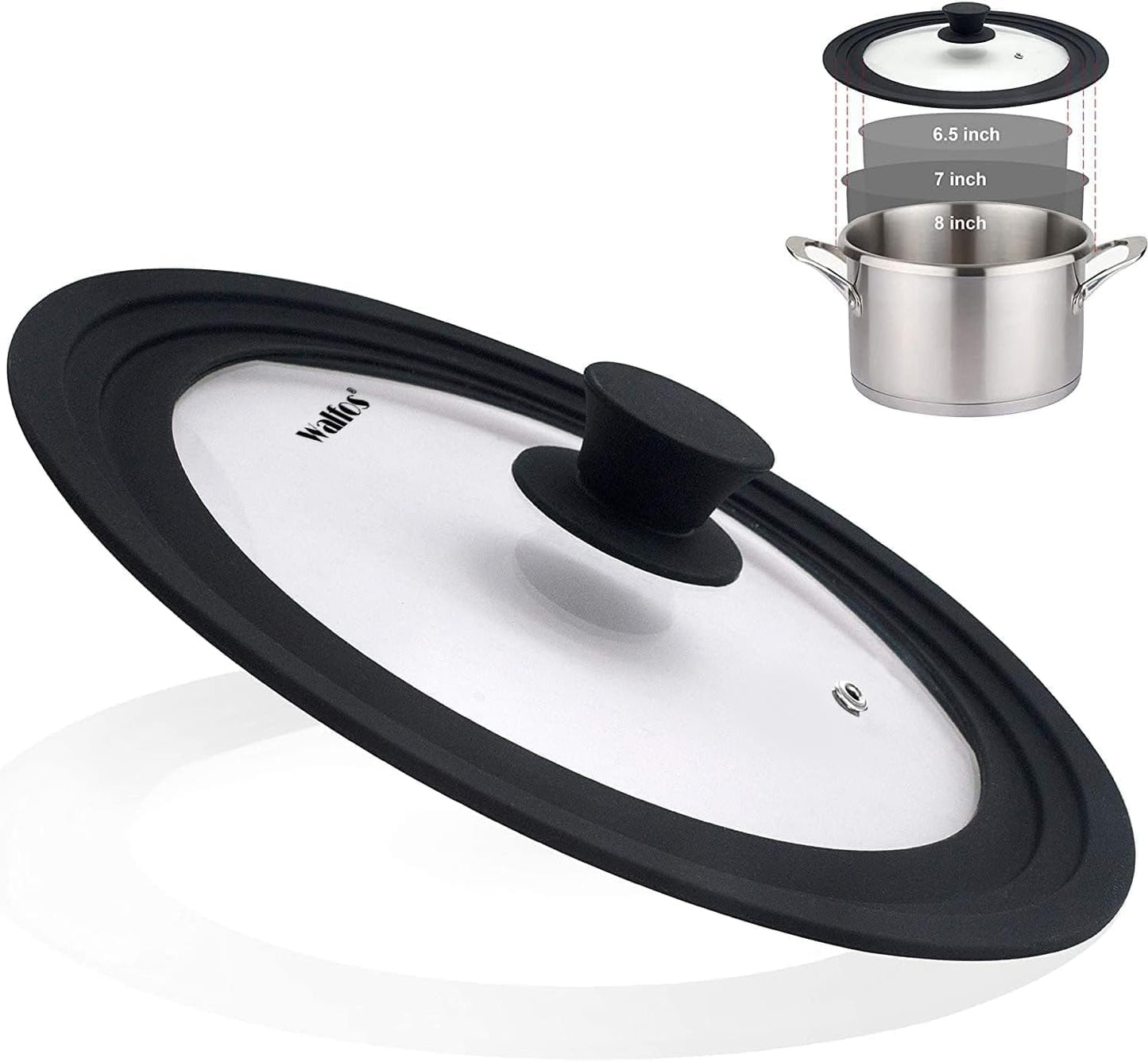 Universal Lid for Small Pots, Pans, Skillets & Frying Pan - Fits 6.5", 7" & 8" Diameter Cookware - Tempered Glass
