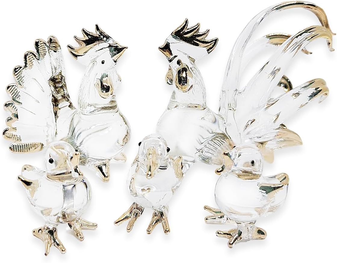 2" 5 Set WitnyStore Tiny Clear Gold Chicken Family Figurine Pieces - Miniature Hand Blown Glass Chickens Hen Rooster