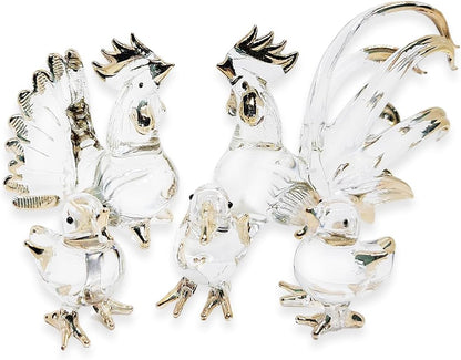 2" 5 Set WitnyStore Tiny Clear Gold Chicken Family Figurine Pieces - Miniature Hand Blown Glass Chickens Hen Rooster