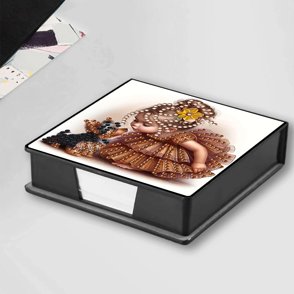 FRANDEK Girl and Dog Creative Diamond Art Desk Organizer, DIY PU Note Box with 160 Sheets, All-in-One Gift Set for Craft Lovers, Elegant Mosaic Kits for Home & Office