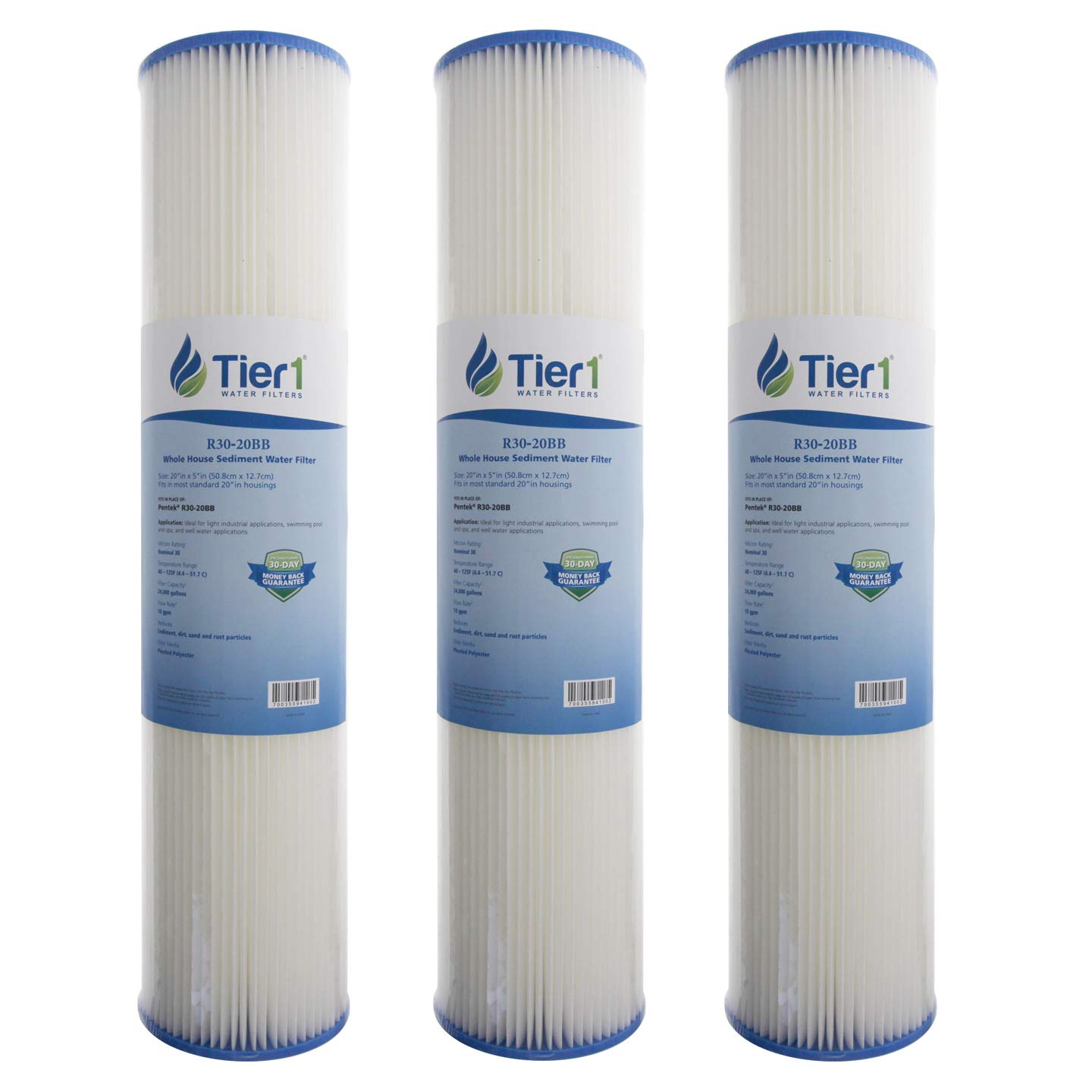 Tier1 30 Micron 20x4.5 Water Filter | Whole House Sediment Water Filter | Pleated Polyester Cartridge | Replacement for Pentek R30-20BB, 155430-43, SPC-45-2030 | High-Flow 4.5 x 20 Water Filter (3pk)