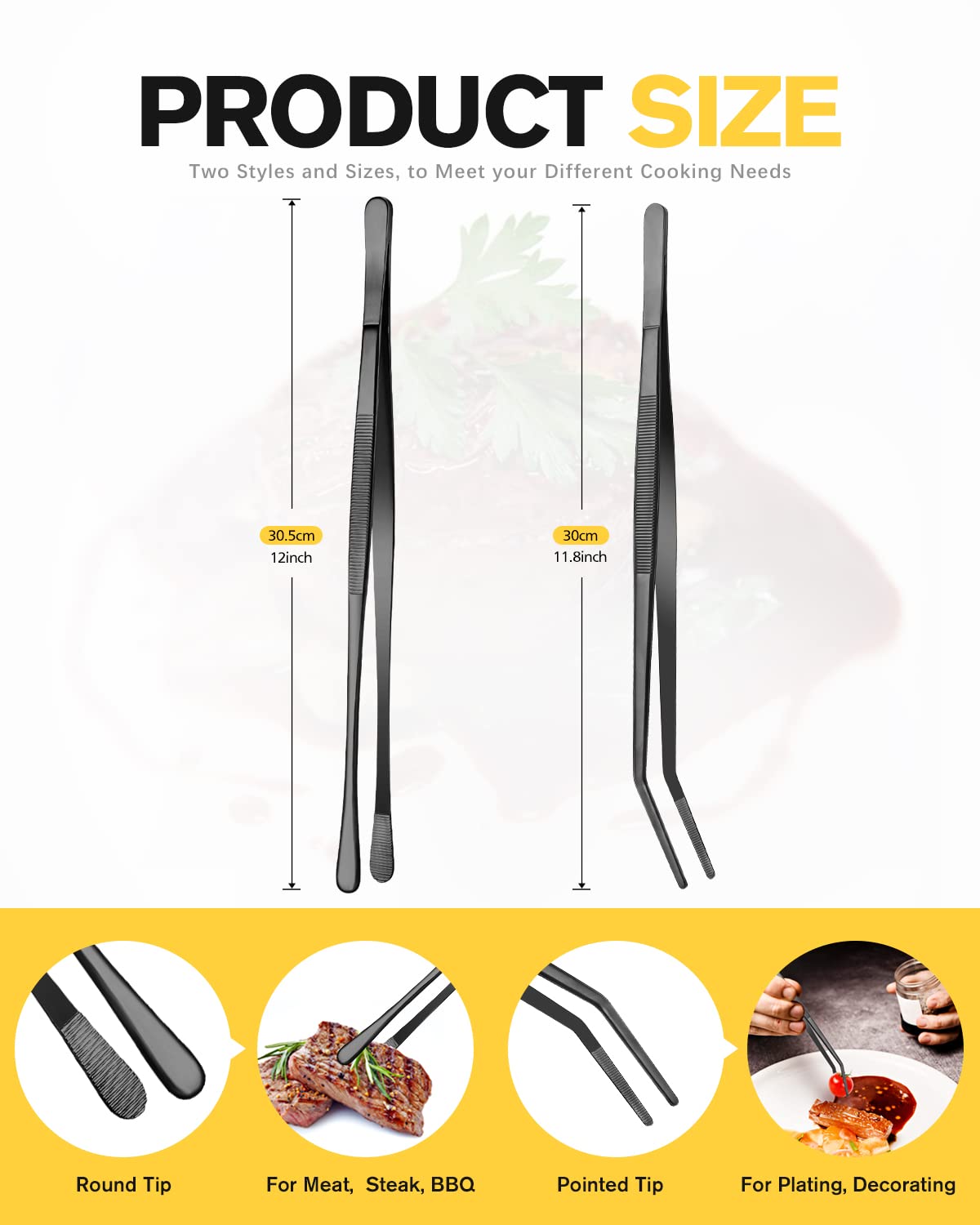 2 Pcs Kitchen Fine Tweezer Tongs, 12'' Stainless Steel Food Tweezers Set, Professional Black Kitchen Long Tweezer for Cooking, Repairing, Sea food and BBQ(BLACK)
