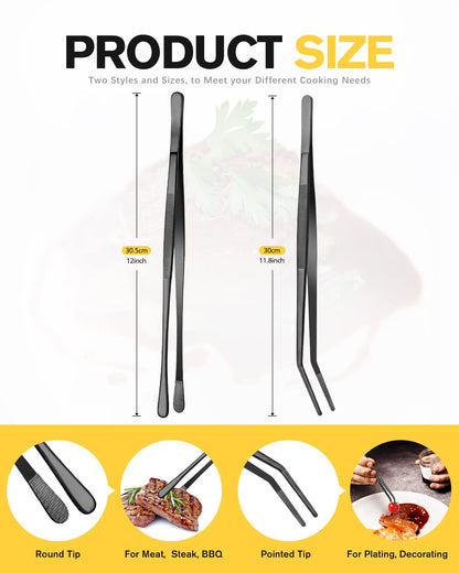 2 Pcs Kitchen Fine Tweezer Tongs, 12'' Stainless Steel Food Tweezers Set, Professional Black Kitchen Long Tweezer for Cooking, Repairing, Sea food and BBQ(BLACK)