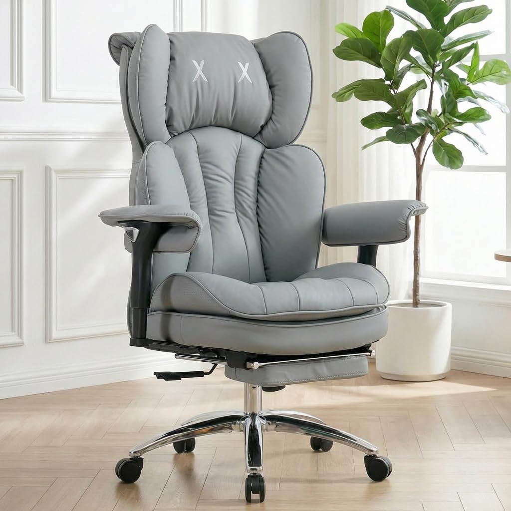 ATMILD Big and Tall Office Chair, 400lbs Heavy Duty Wide Seat Executive Chair with Footrest, High Back Leather Computer Desk Chair for Home Office (Grey)