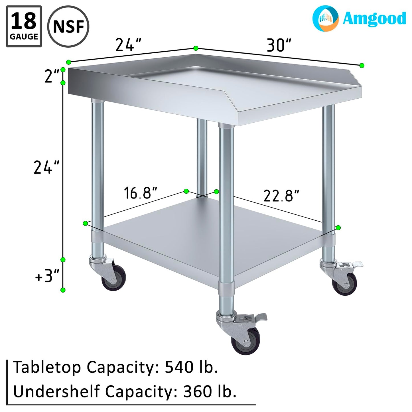 AmGood Stainless Steel Equipment Stand with Undershelf + Casters, Heavy Duty, Commercial Grade, NSF Certified (30" Width x 24" Length + Casters)