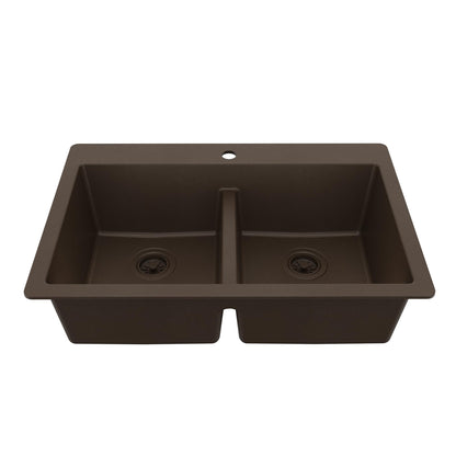 Karran 33" Brown Quartz Composite Double Bowl Kitchen Sink – Top Mount Drop-In 50/50 Low Divider, 80% Natural Quartz, 535°F Heat Resistant, Sound Dampening, Granite Composite, QT-810