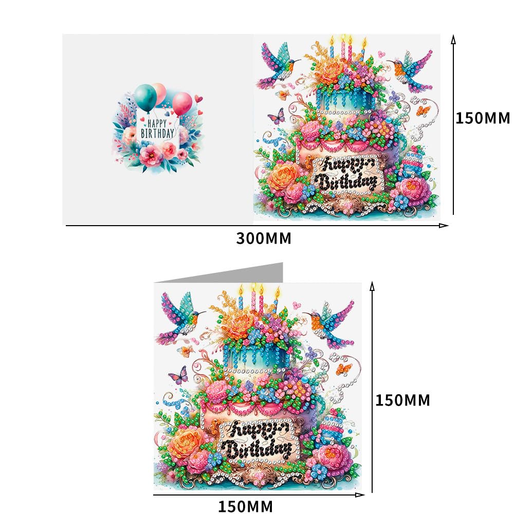 pigpigboss 6 Packs Happy Birthday Diamond Painting Greeting Cards with Envelope, Birthday Cake Diamond Art Cards, Flower Bird Butterfly Diamond Greeting Card Arts Kit for Birthday