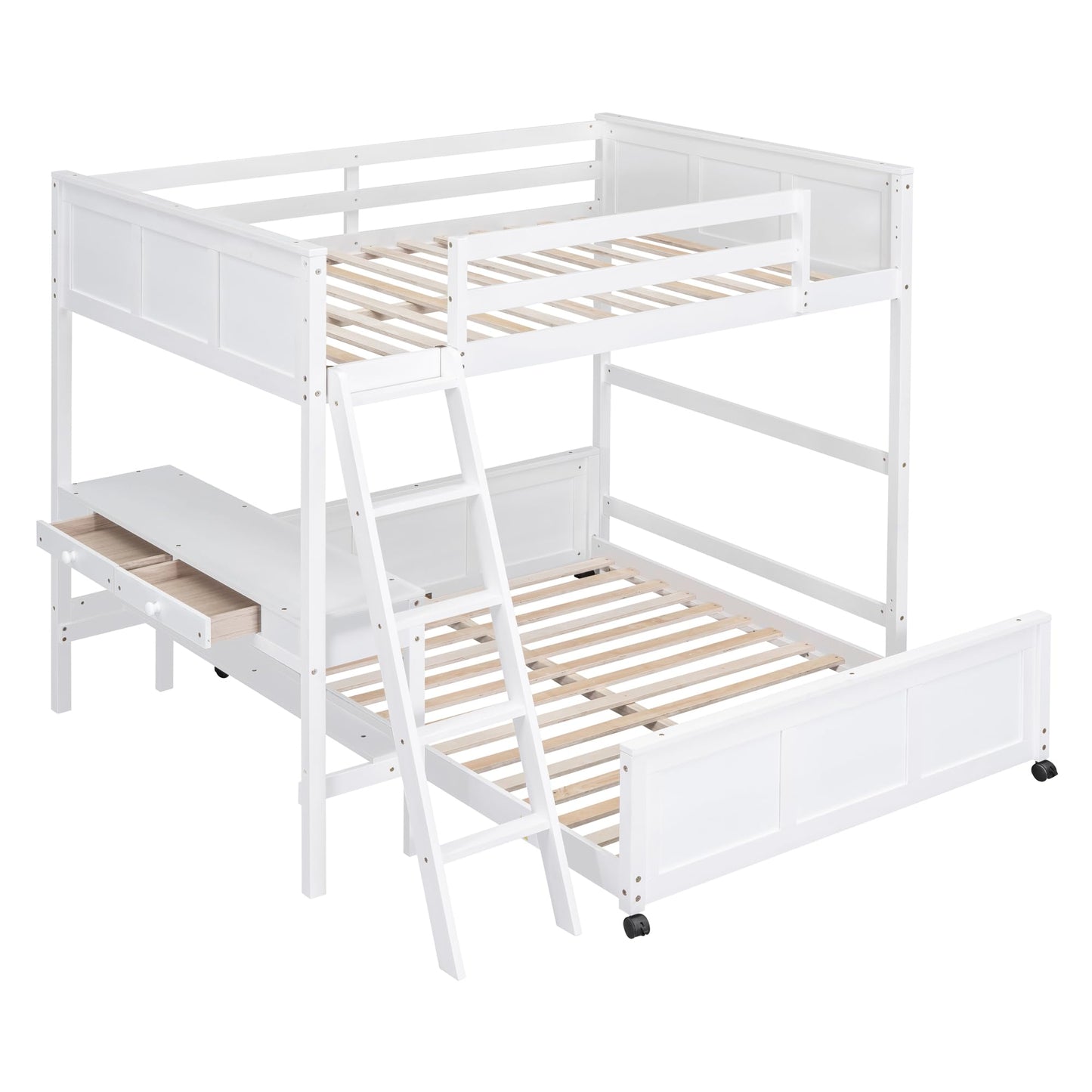 Full Over Full Bunk Beds with Desk, Wood Full Loft Bed Frame with Desk and A Stand-Alone Bed, L-Shaped Bunk Bed for Kids, Teens, Adults (Bottom Bed Can Be Moved, White)