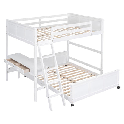 Full Over Full Bunk Beds with Desk, Wood Full Loft Bed Frame with Desk and A Stand-Alone Bed, L-Shaped Bunk Bed for Kids, Teens, Adults (Bottom Bed Can Be Moved, White)