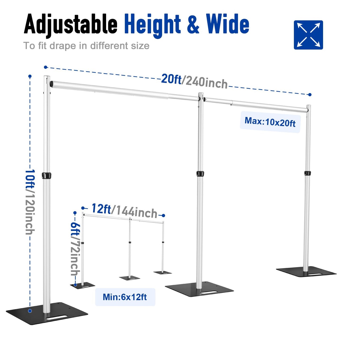 Hecis Heavy Duty Backdrop Stand, 10x20ft Pipe and Drape Stand Kit, Adjustable Decoration Stand, Back Drop Stand for Party Event, Trade Shows & Wedding Decor