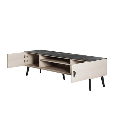 Manhattan Comfort Haley Mid Century Modern TV Stand for Televisions up to 55 Inches, Home Entertainment Center with Storage, Shelves, and Soft Close Doors, 70.9" Wide, White and Black Marble